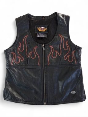 HARLEY DAVIDSON VTG Y2K Black Leather Vest Top Zip Up Medium Flame Embroidered M